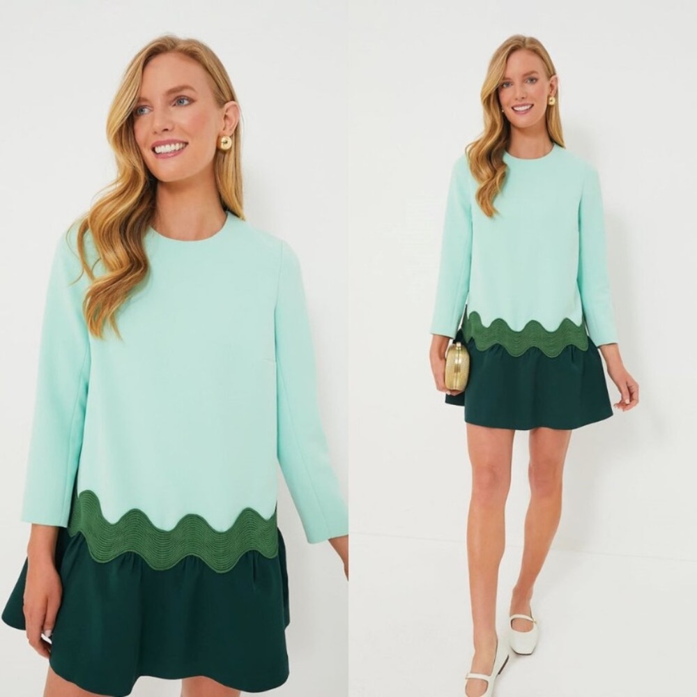 Tuckernuck Mint and Dark Green Long-Sleeve Scallop Hem Dress